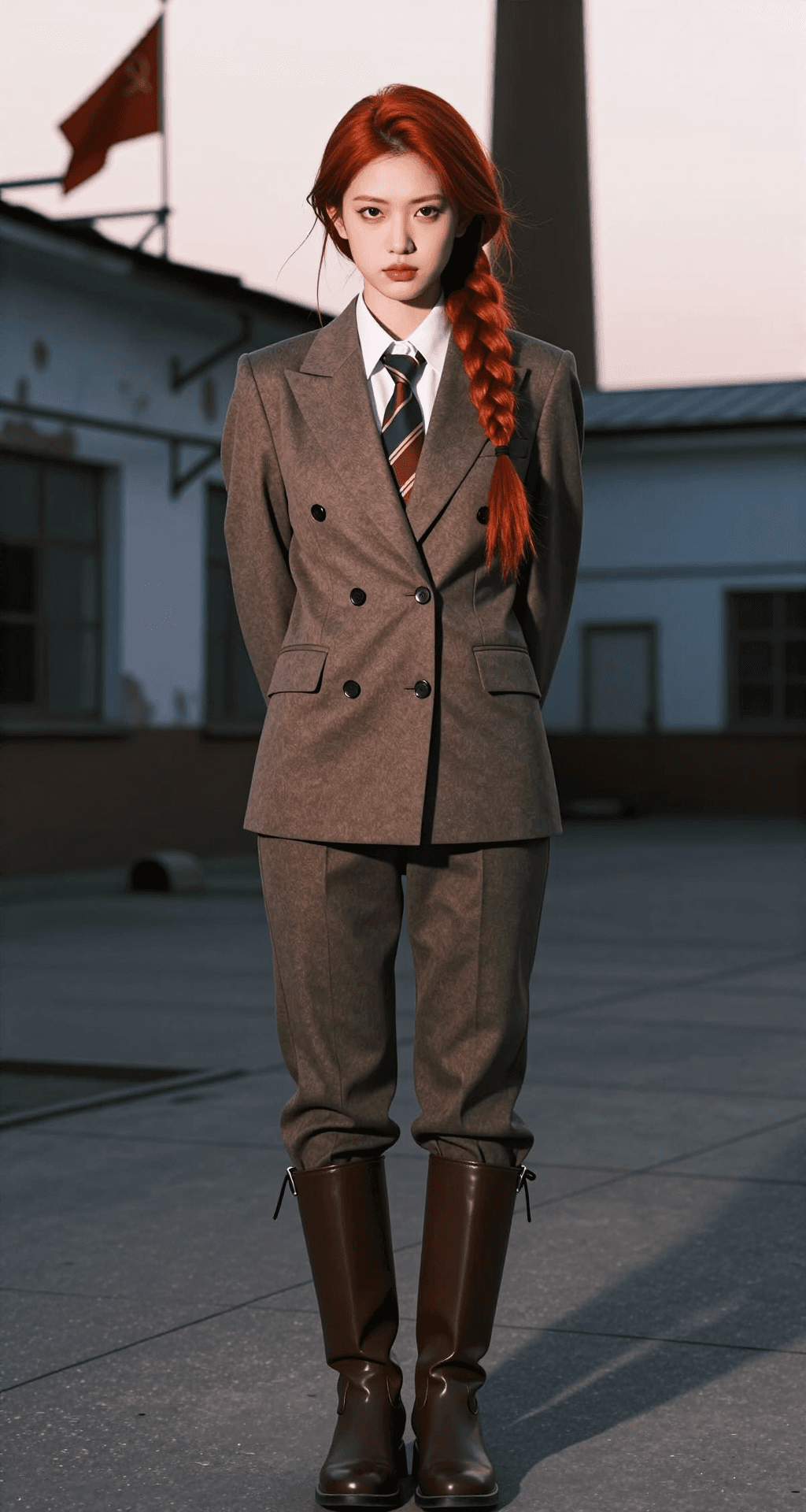 AI generated: Young Asian girl in her twenties with red hair, one long thick braid, arrogant face, full-length pho...