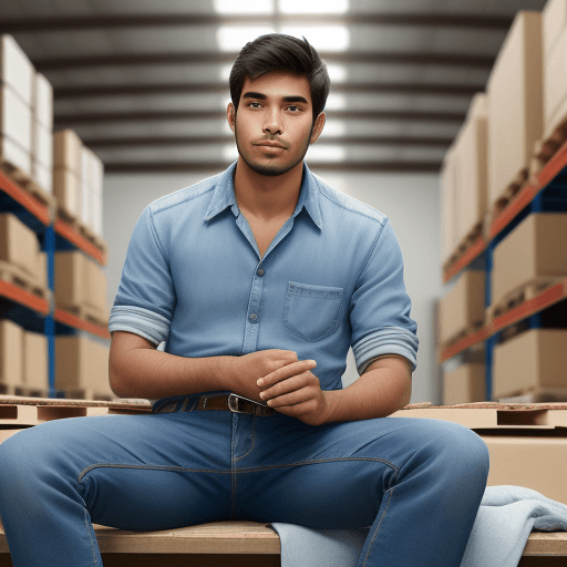 AI generated: a bored textile salesman lounging around the warehouse wearing jeans.