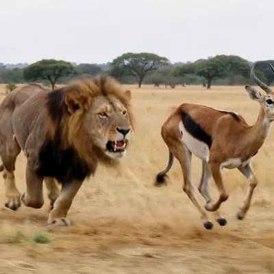 AI generated video: a lion chasing an antelope in the savannah