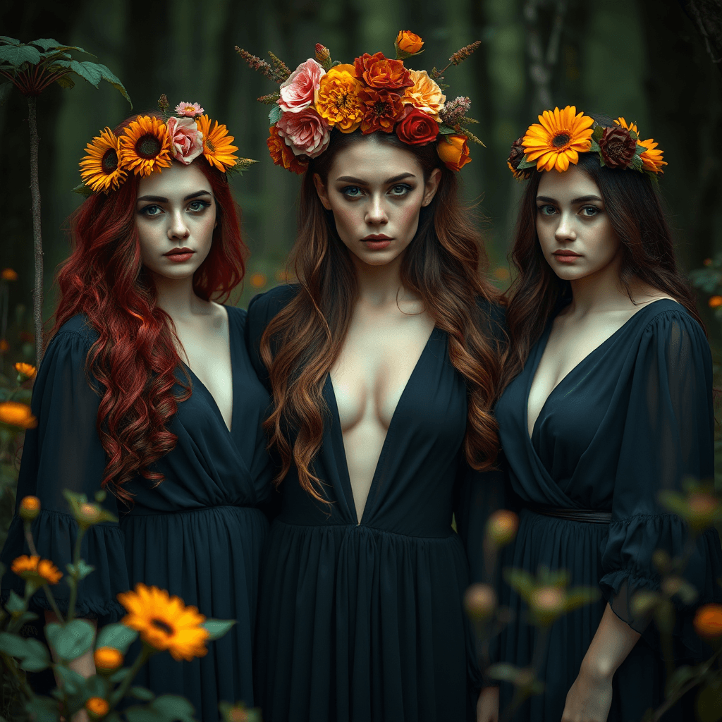 AI generated: This is a 8k detailed, digitally manipulated photograph featuring three women standing in a forest-l...