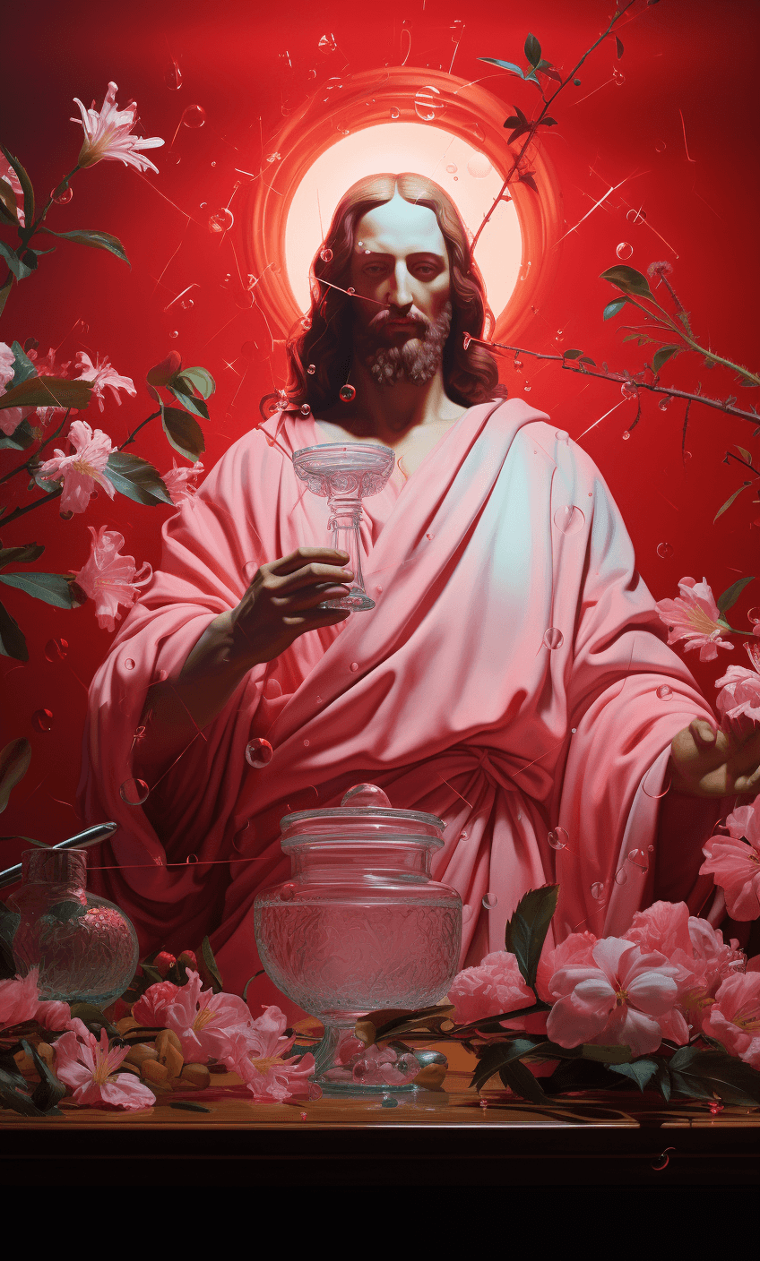 AI generated: the artist jesus christ, in the style of kitsch aesthetic, energy-filled illustrations, uhd image, a...