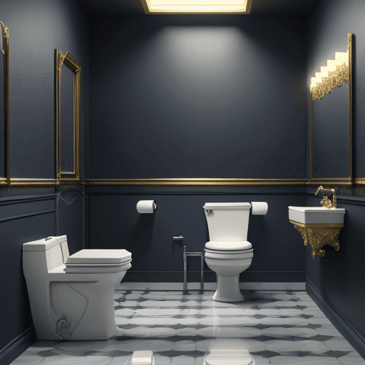 AI generated: Toilet on the room with the design and character of batman The toilet is gold and Blue dark, no wate...