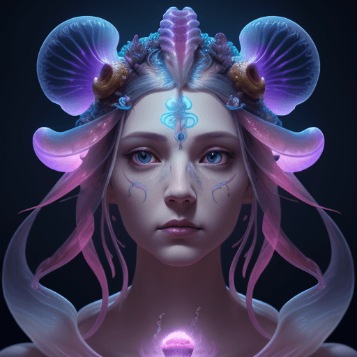 AI generated: Goddess close-up portrait ribcagel. jellyfish phoenix head, nautilus, orchid, skull, betta fish, bio...