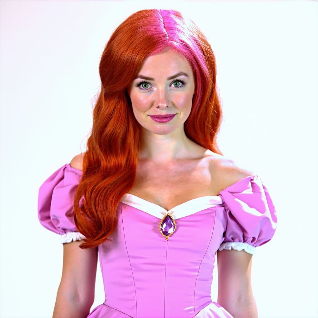 AI generated: A women with redhead hair and a few pink hair, she wears a pink princess short dress, she is a wizar...