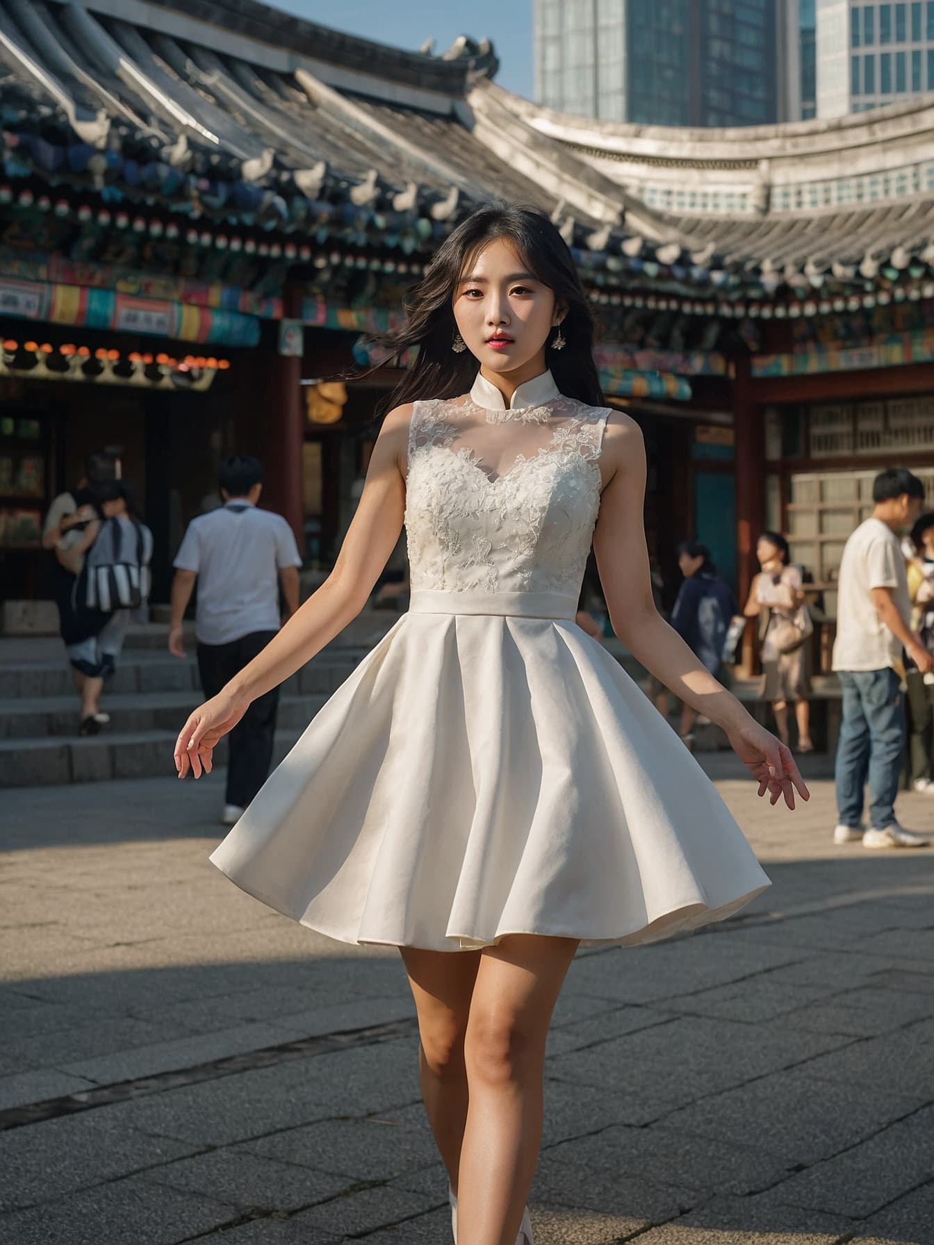AI generated: Stunning and elegant young-looking black hair Korean girl dressed in a short white dress dancing at ...