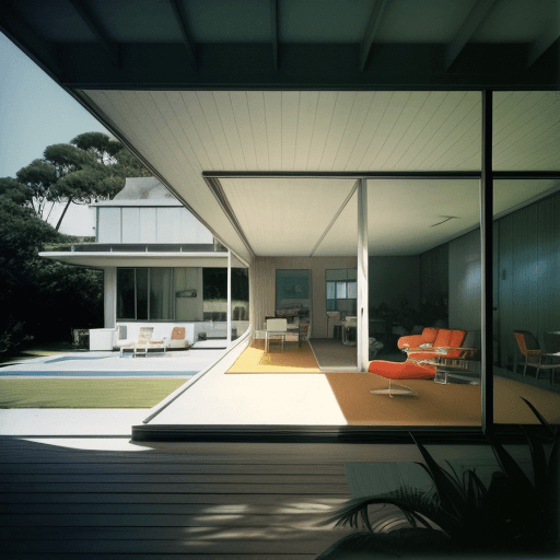 AI generated: Hyper realistic eye level exterior photo of a mid century modern style house overlooking the ocean, ...