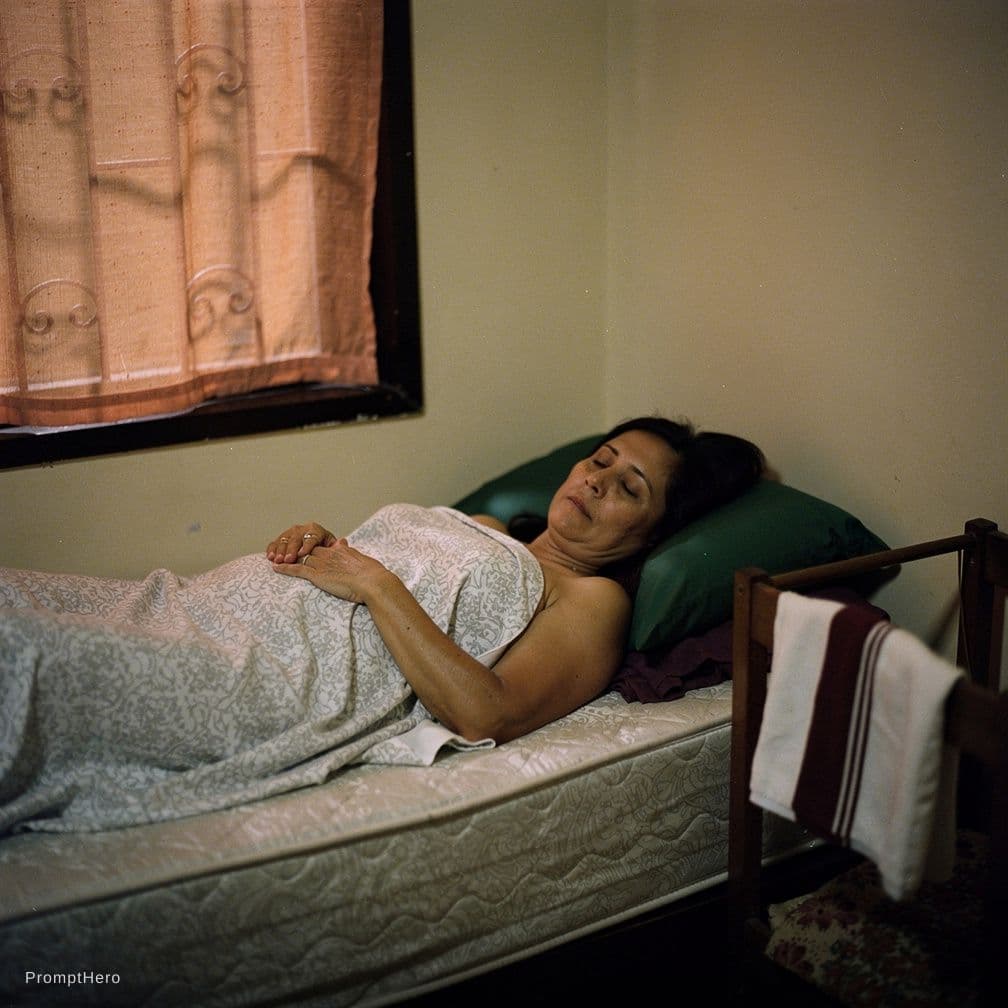AI generated: A medium-close-up, low-light indoor photograph shows a sumowtawgha woman sleeping on a bed. The woma...