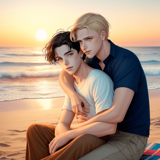 AI generated: sitting on the beach, two men, boys love, watching sunset in the seaside, couple,  Storybook illustr...