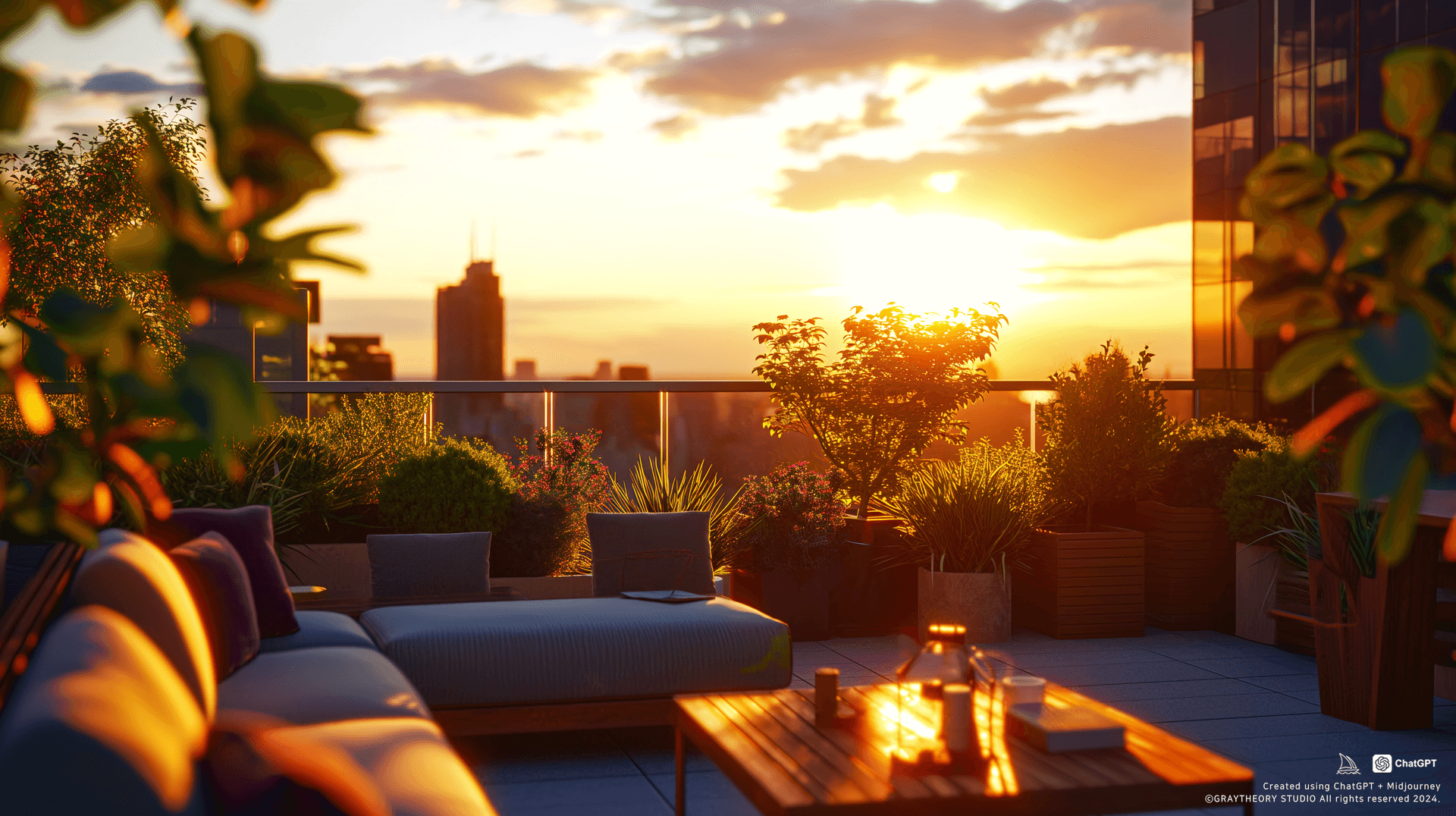 AI generated: cinematic, an urban rooftop garden at sunset, modern furniture and greenery, a high angle that captu...