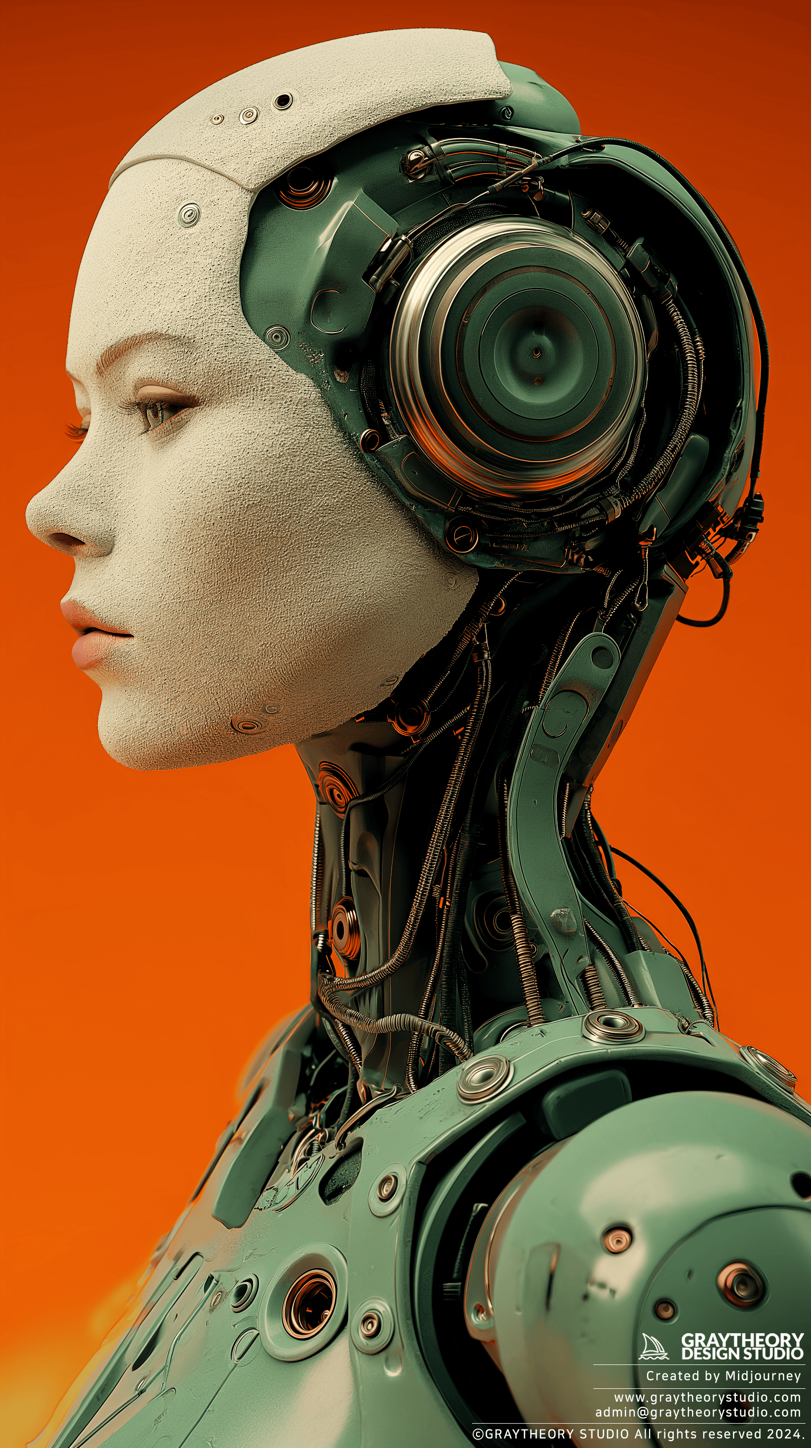AI generated: 3d rendering, robot, a plaster bust, side view, green color, sleek, solid orange backdrop, rtx shade...