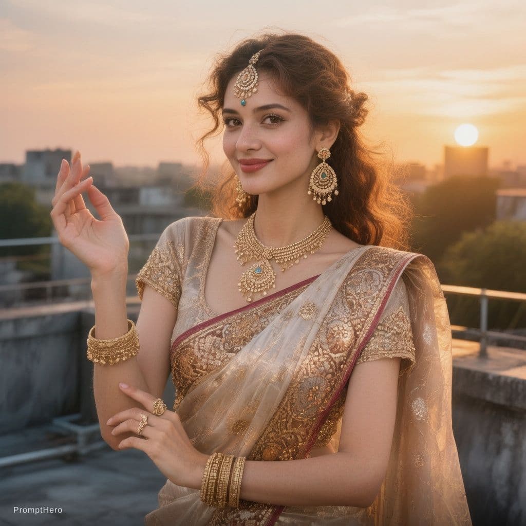 AI generated: 25 years women hot and romantic looking so preticative in saree in roof top create an image Vivek hu...