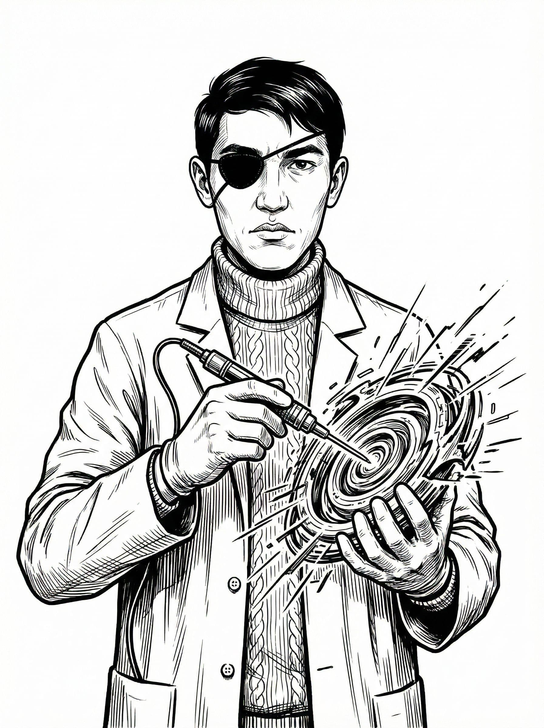 AI generated: A shockingly detailed monochromatic vector illustration of "Doctor Wolfe" unaliasing an anomalous ar...