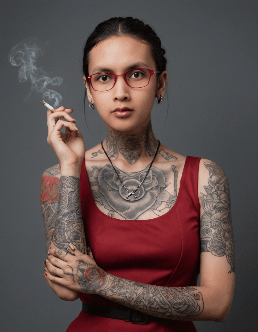 AI generated: A medium shot (3/4 pose) of a thin woman with very light skin texture, wearing synthetic clothes. Sh...