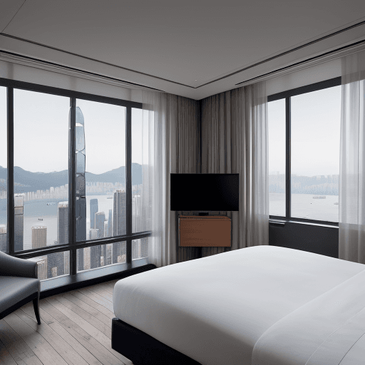 AI generated: In a hotel room that channels the modern luxury of a Norman Foster design, the setting boasts a quee...