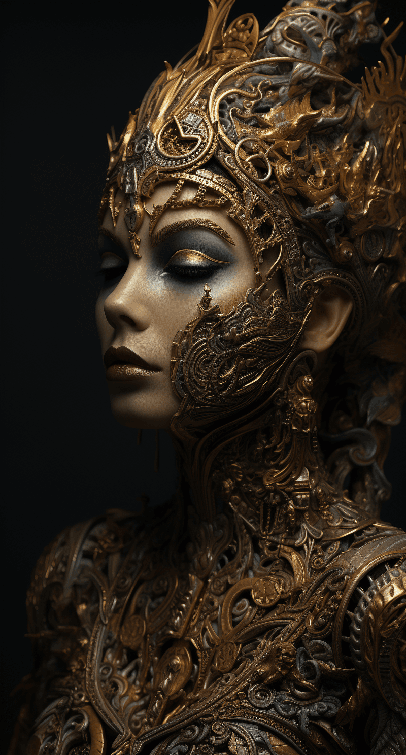 AI generated: a woman posing for a magazine in gold with elaborate mermaid sculpture, in the style of life-like av...