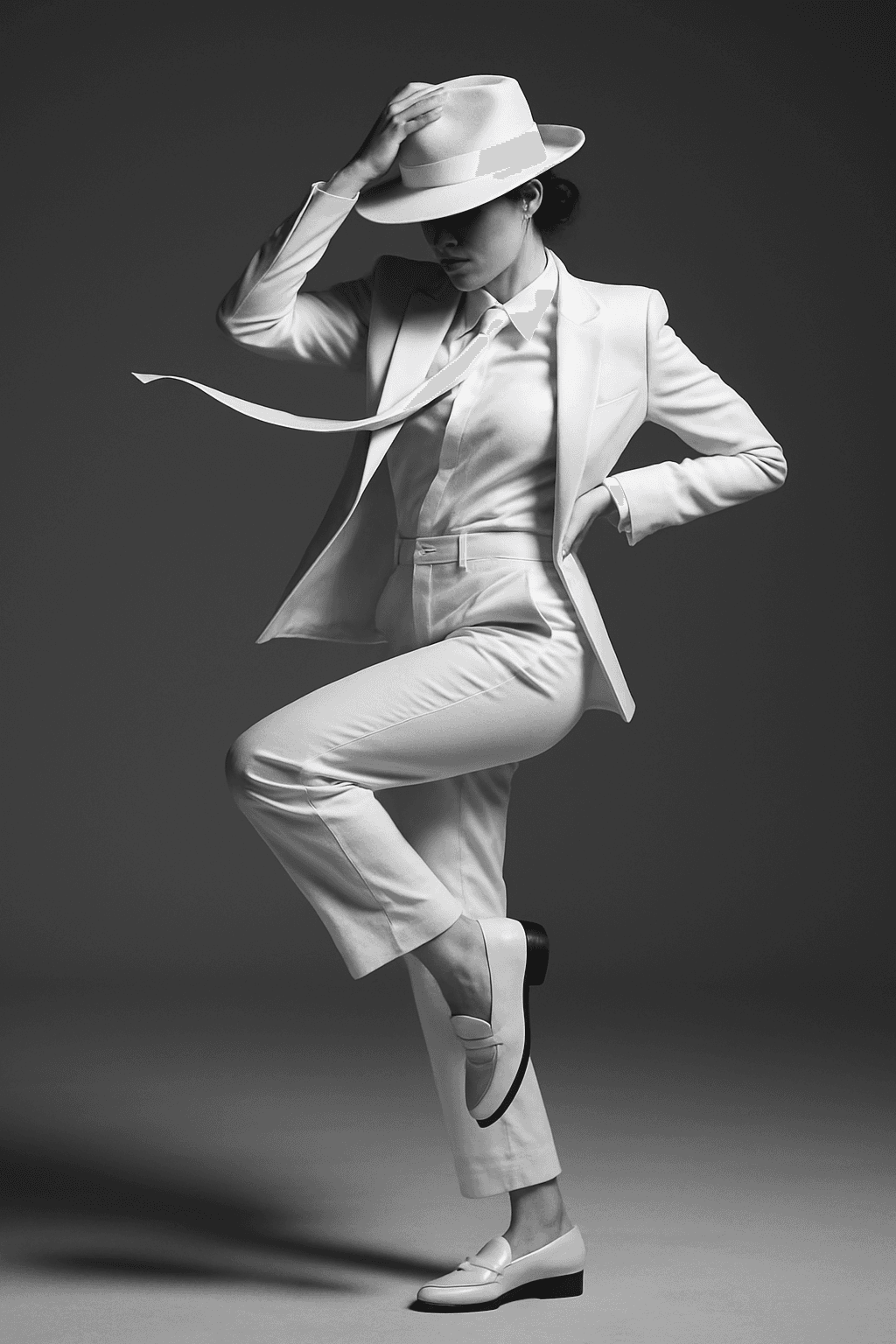 AI generated: Photorealistic black-and-white studio portrait, full-body female dancer in an all-white look: white ...