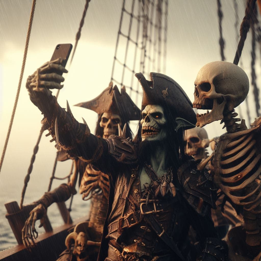 AI generated: 1800 pirates on a pirate ship taking a selfie:award winning photo of a skeleton pirates on a pirate ...