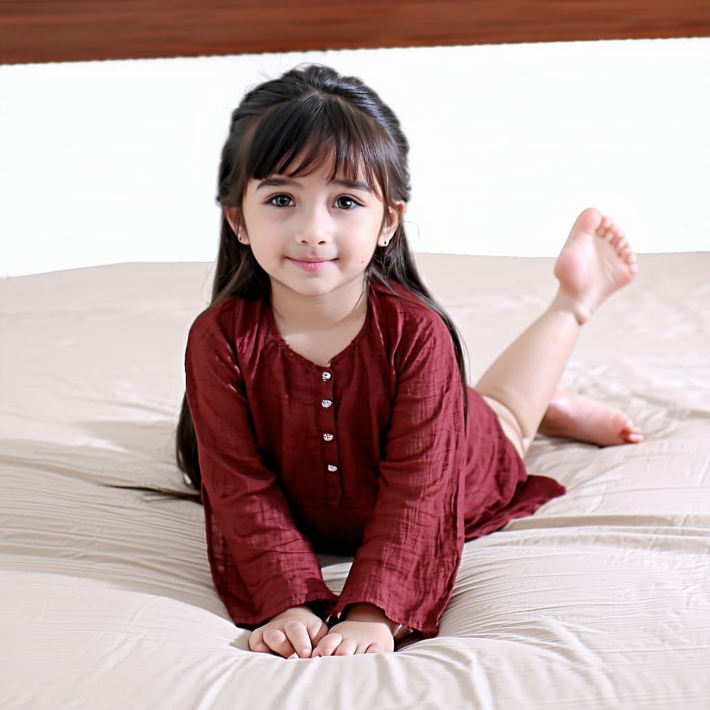 AI generated: A tiny young asian girl, as she lays on her back on a bed, wearing a deep red colored Pakistani shal...