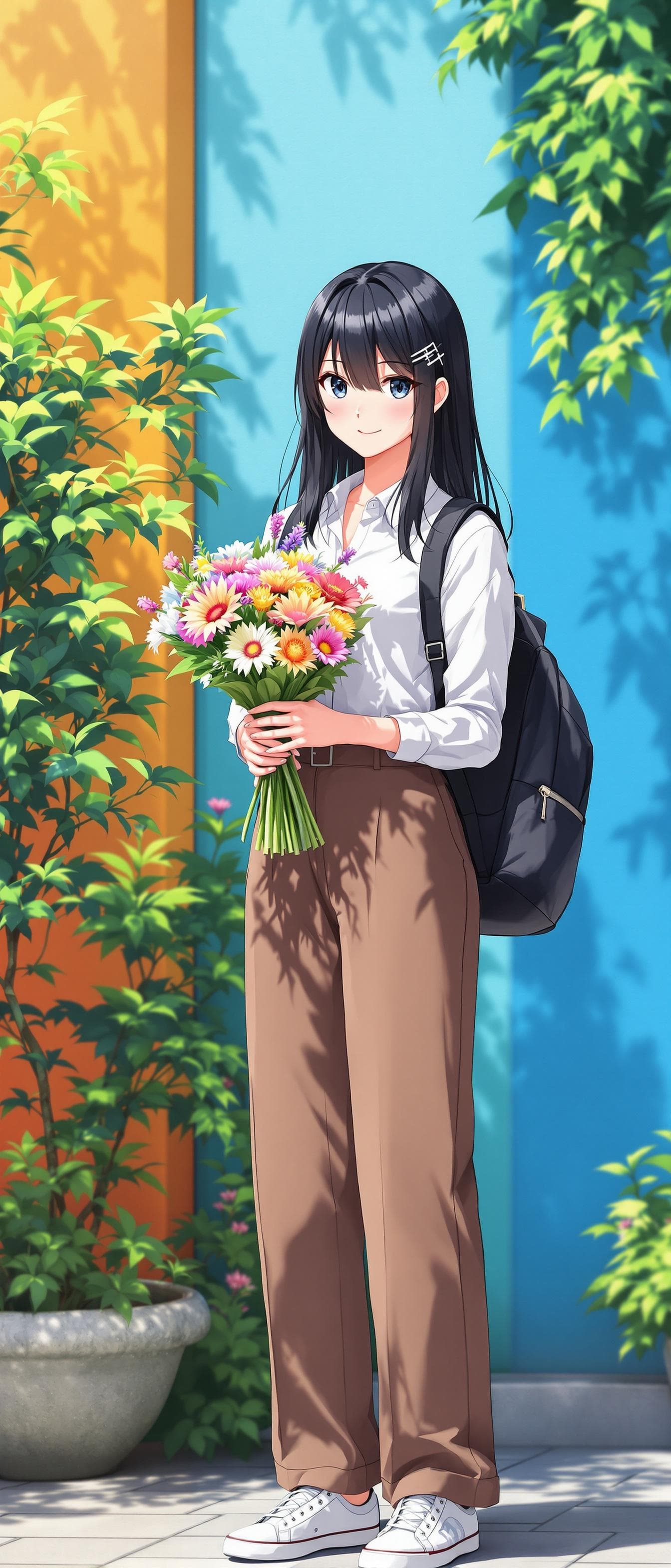 AI generated: In the image, ((full body:1.4)), anime seen standing outdoors, holding a bouquet of flowers. black h...