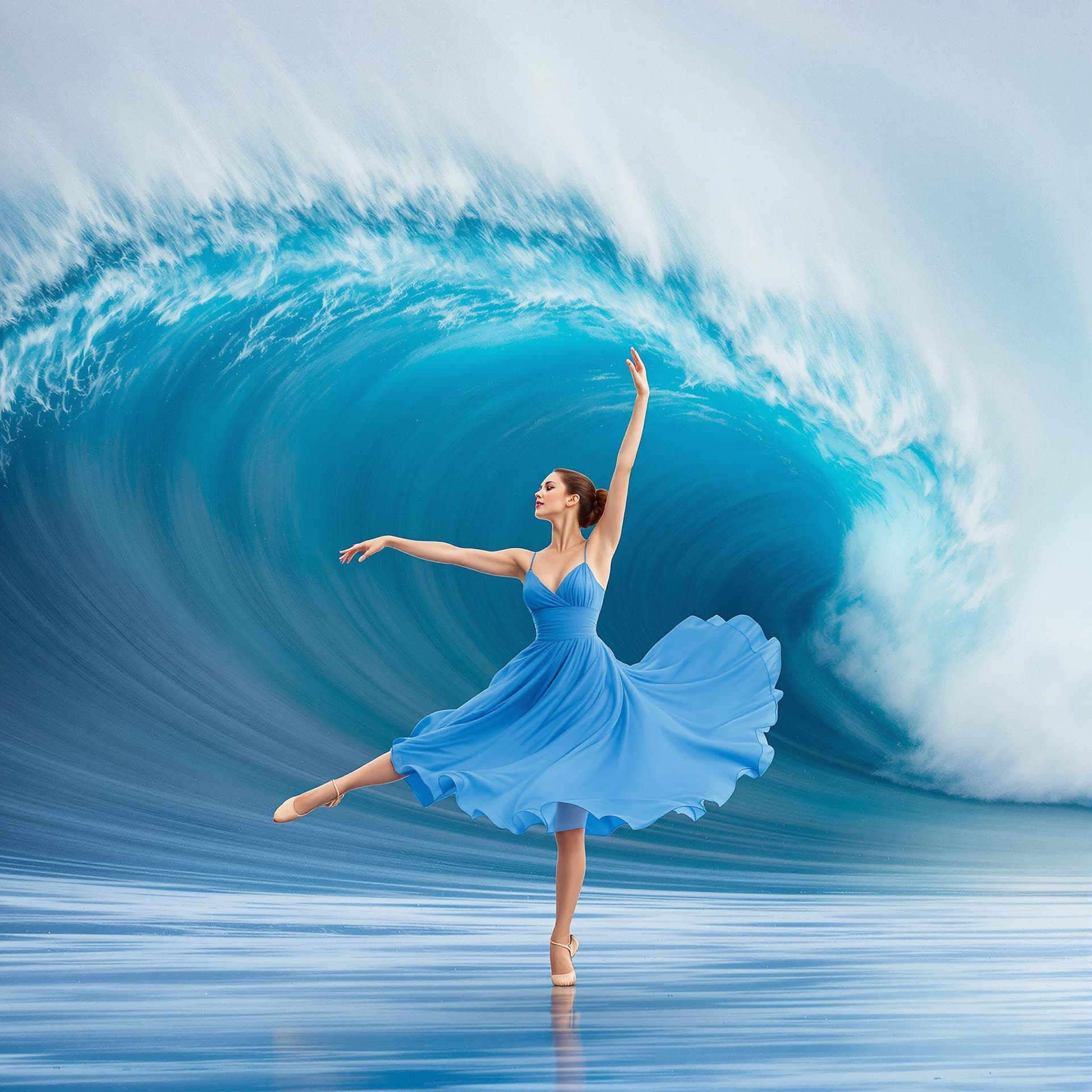 AI generated: The image features a woman in a blue dress, gracefully dancing in front of a large wave. She appears...