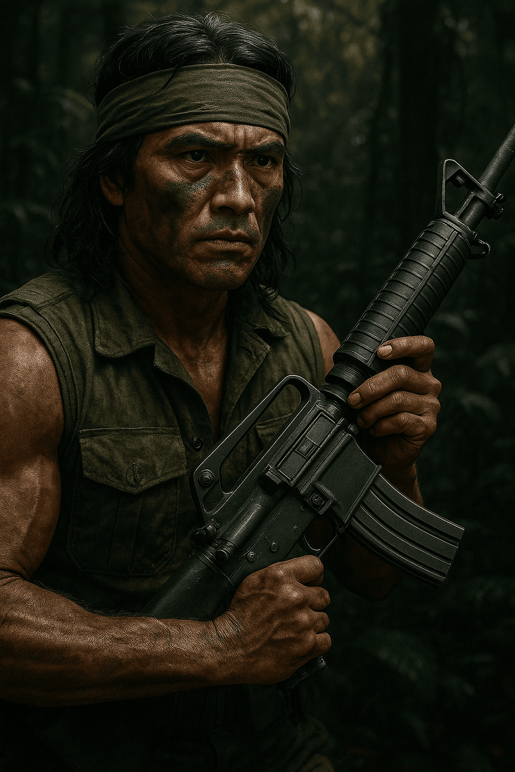 AI generated: A soldier in the jungle