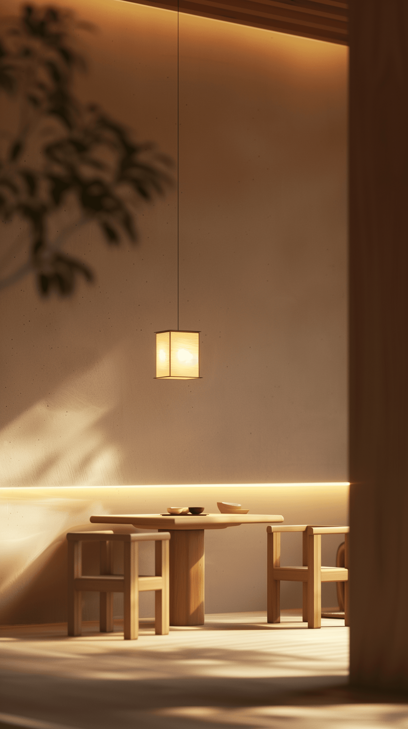 AI generated: photography, a minimalist interior space bathed in golden light from an expansive square light fixtu...