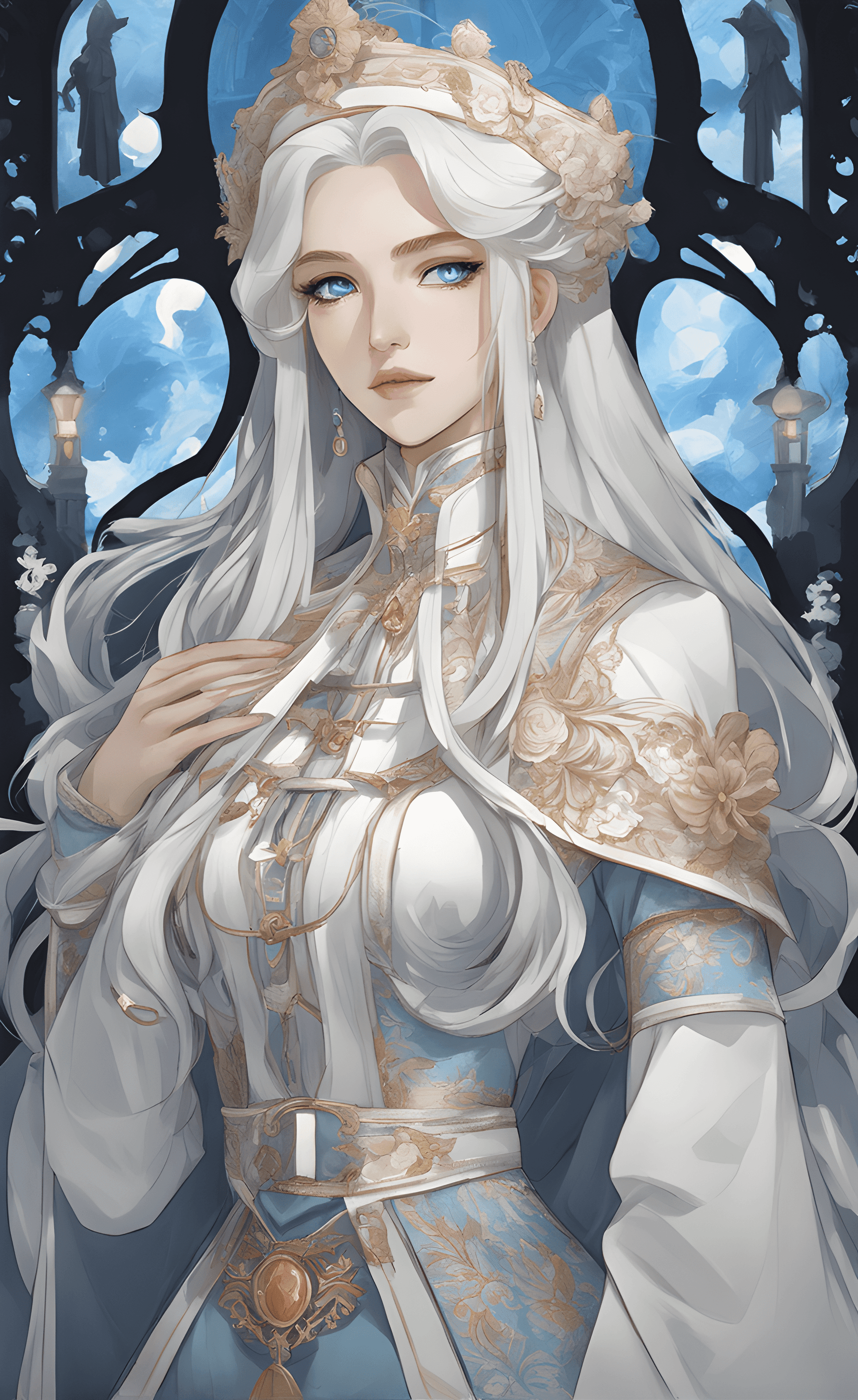 AI generated: a drawing of a woman with long white hair, a character portrait, tumblr, rococo, nun outfit, tall an...
