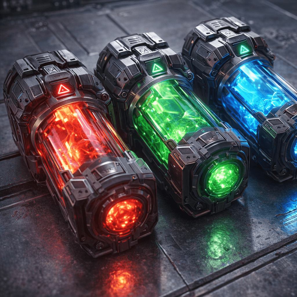 AI generated: Use the reference image to create an image of Sci-fi energy weapon cartages in Red, Green, and Blue ...