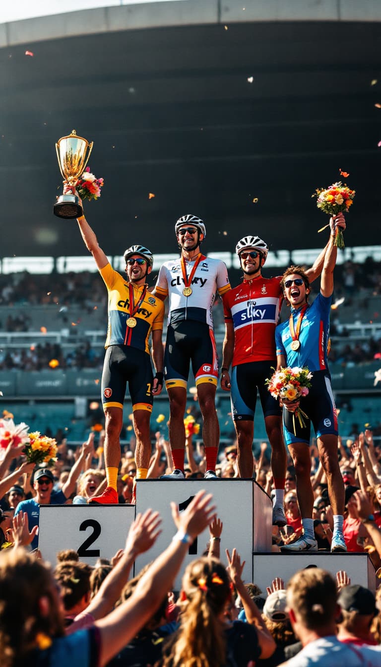 AI generated: Summer. There are 3 riders on the podium, dressed in clothes with logos of different clubs. The winn...