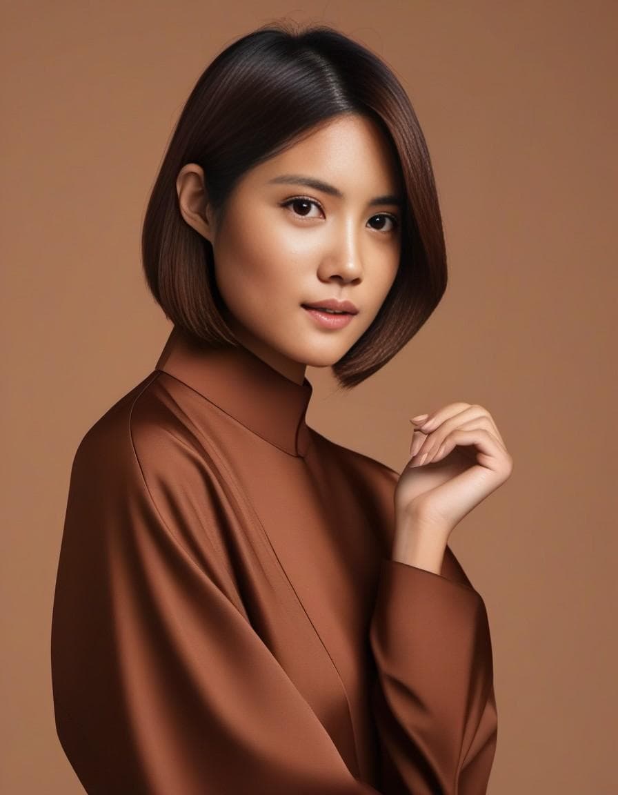 AI generated: Her hair is styled in a sleek, modern bob that falls just above her shoulders. It is a rich chestnut...