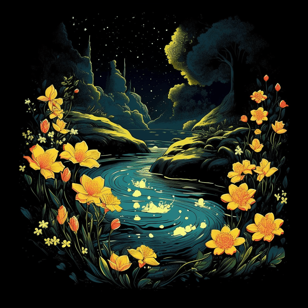 AI generated: A peaceful nature painting, blooming flowers, flowing river, vector, tshirt illustration, by Dave Mc...
