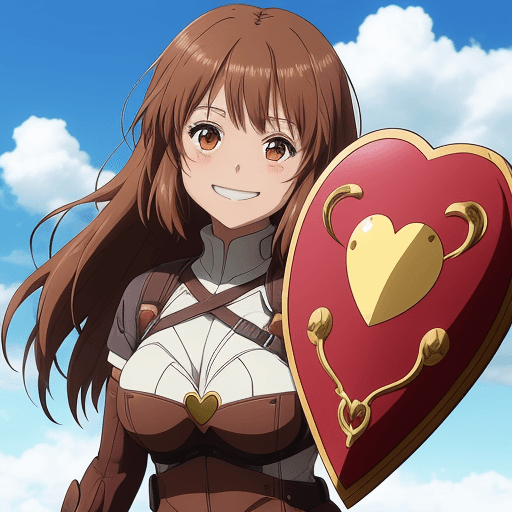 AI generated: A unique brown anime heart. girl. smiling. holding a heart shaped shield