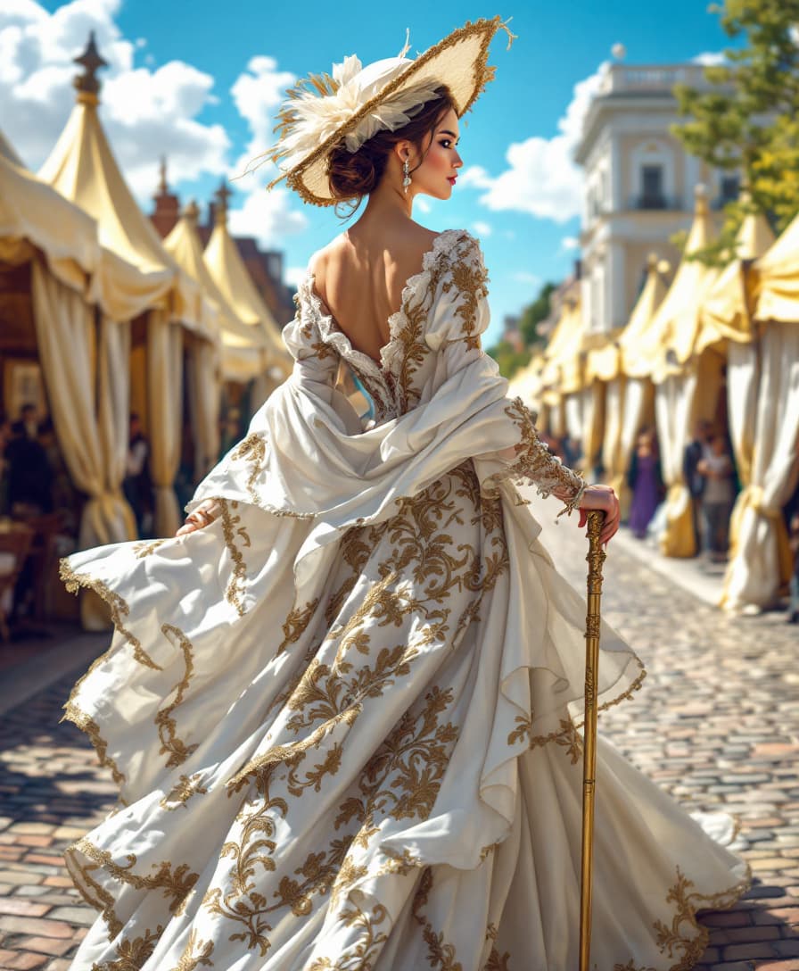 AI generated: Incite

Vibrant woman in silk rococo dress, white and gold lace, hat. . is on a cobblestone path, te...