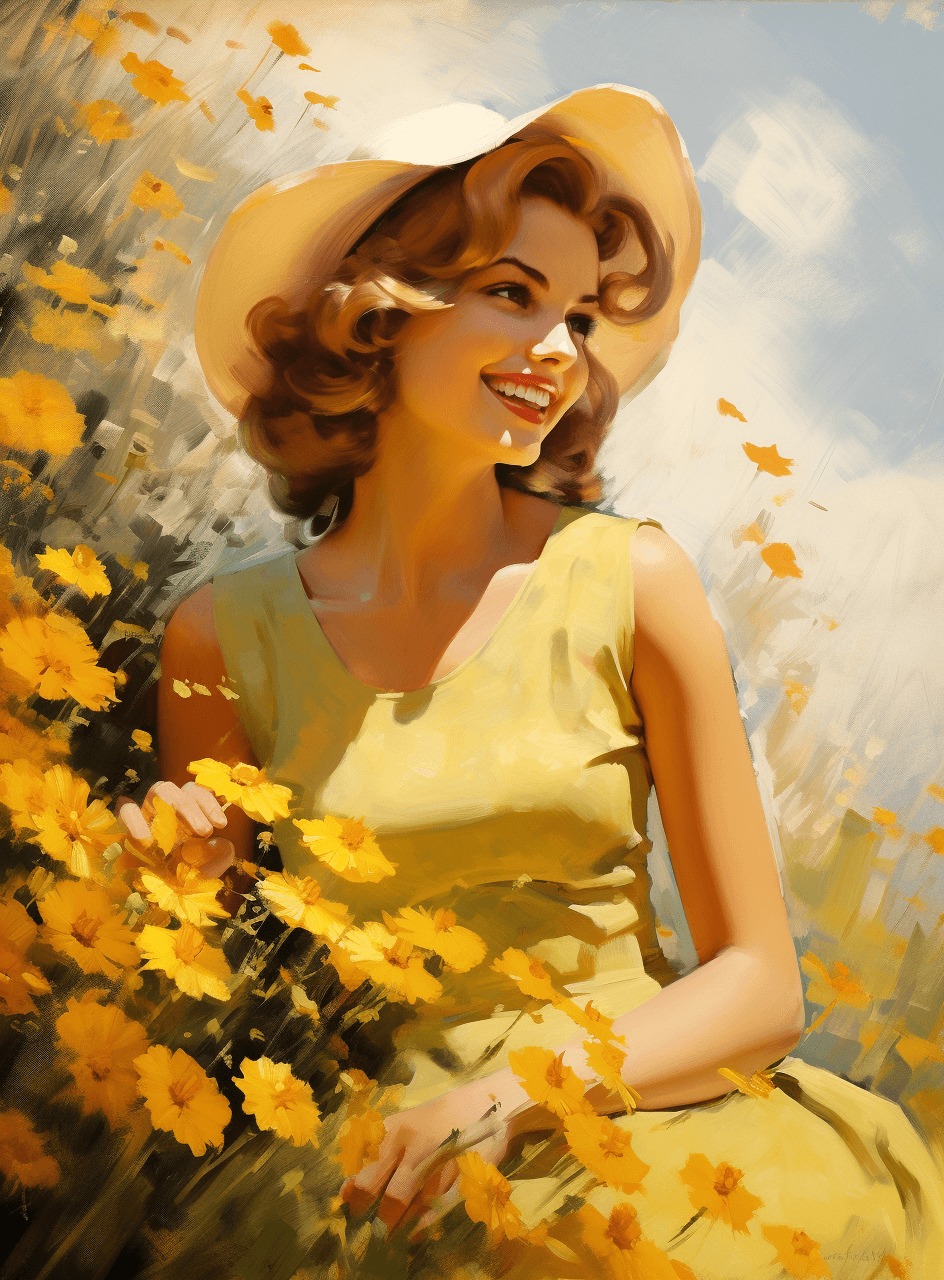 AI generated: 1939, an illustration of a woman in a flower meadow, in the style of arthur sarnoff, eric wallis, sa...