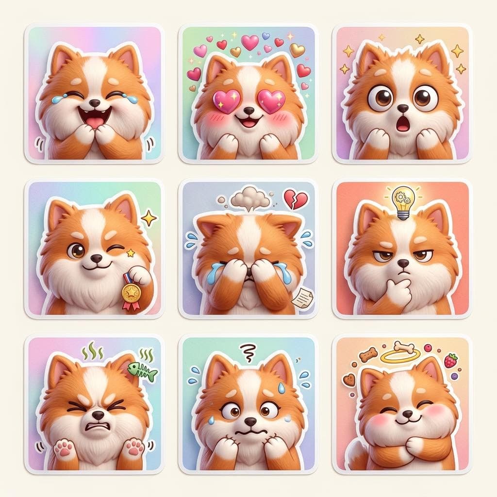 AI generated: Highest quality,perfect masterpiece,Kawaii-Maudie art style,3D,sticker packs from the dog, unique fa...