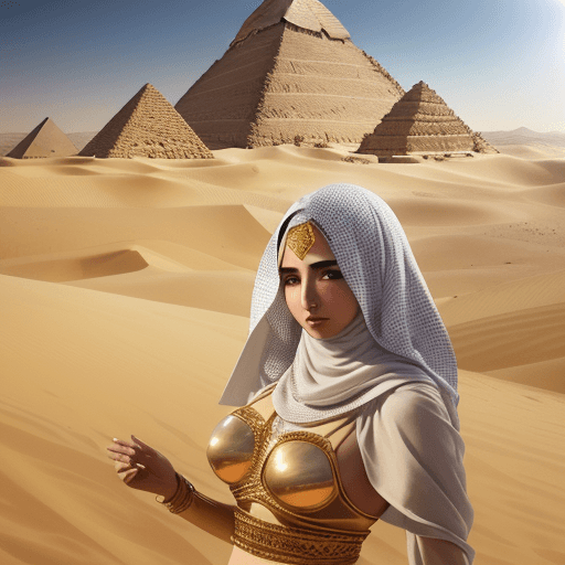 AI generated: arab women in the desert and be side her the pyramids in the winter  and above all that the shiny su...