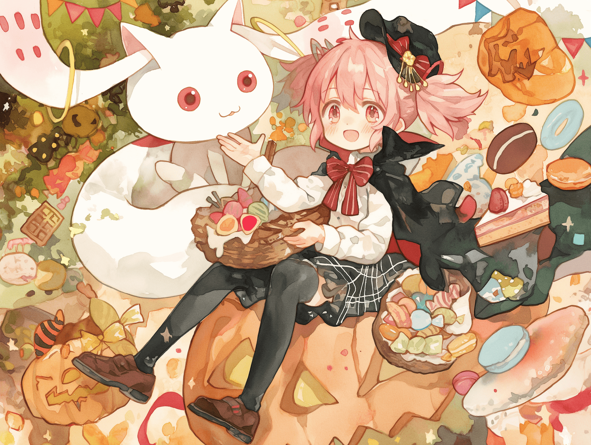 AI generated: Puella Magi Madoka Magica and SPY×FAMILY, sitting on a big Kyubey, watercolor painting, ribbon, maca...
