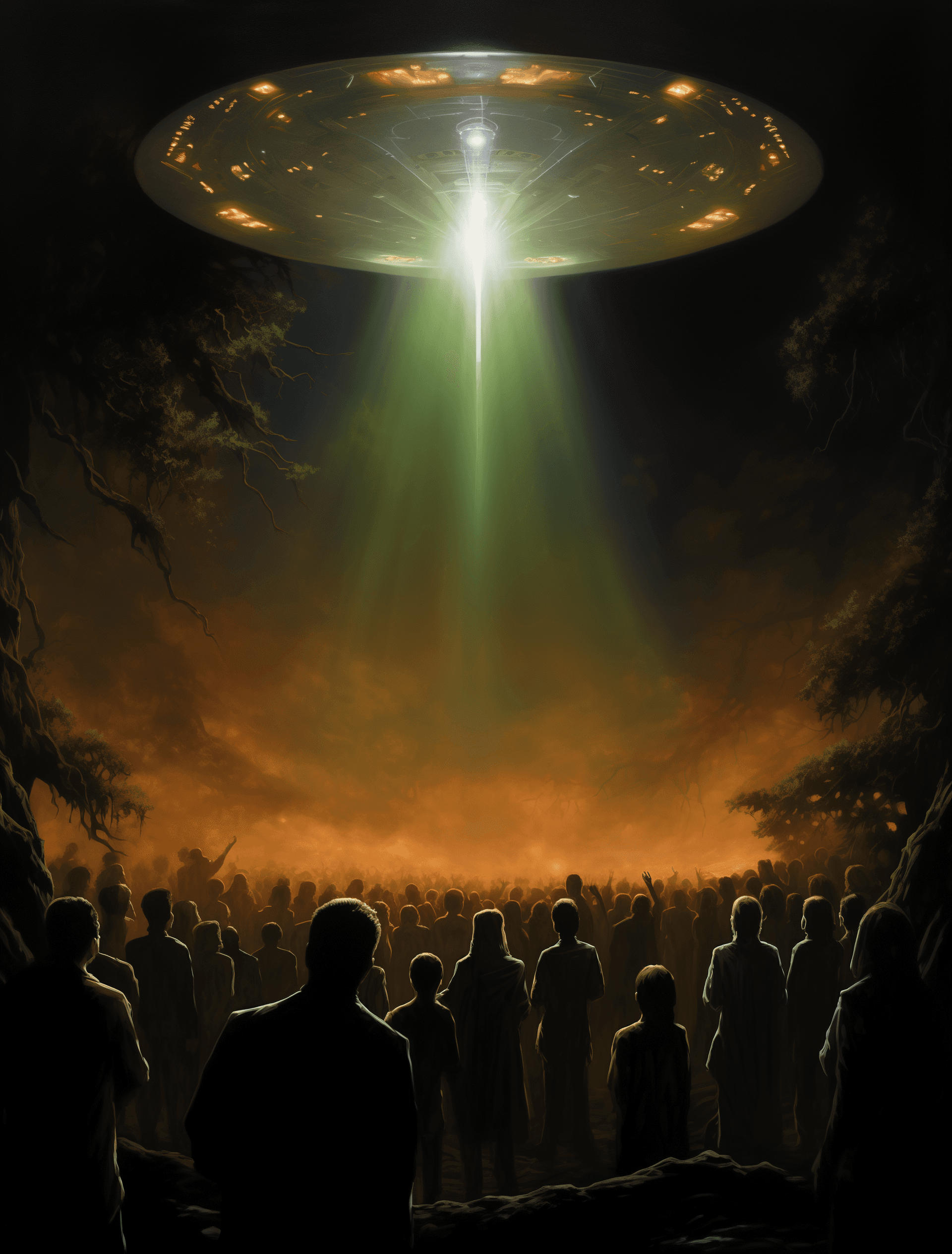 AI generated: An alien spaceship with aliens standing on it, in the style of Zdzisław Beksiński and Frank Frazetta...