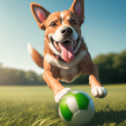 AI generated: Photorealistic Image of a jumping Dog playing with ball in mouth, in Green Field, Soft Focus, High R...