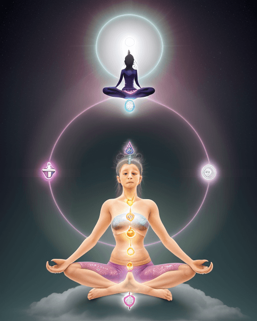 AI generated: A Women Sitting on cloud in Yoga Stype, the chakras should be aligned vertically, starting from the ...