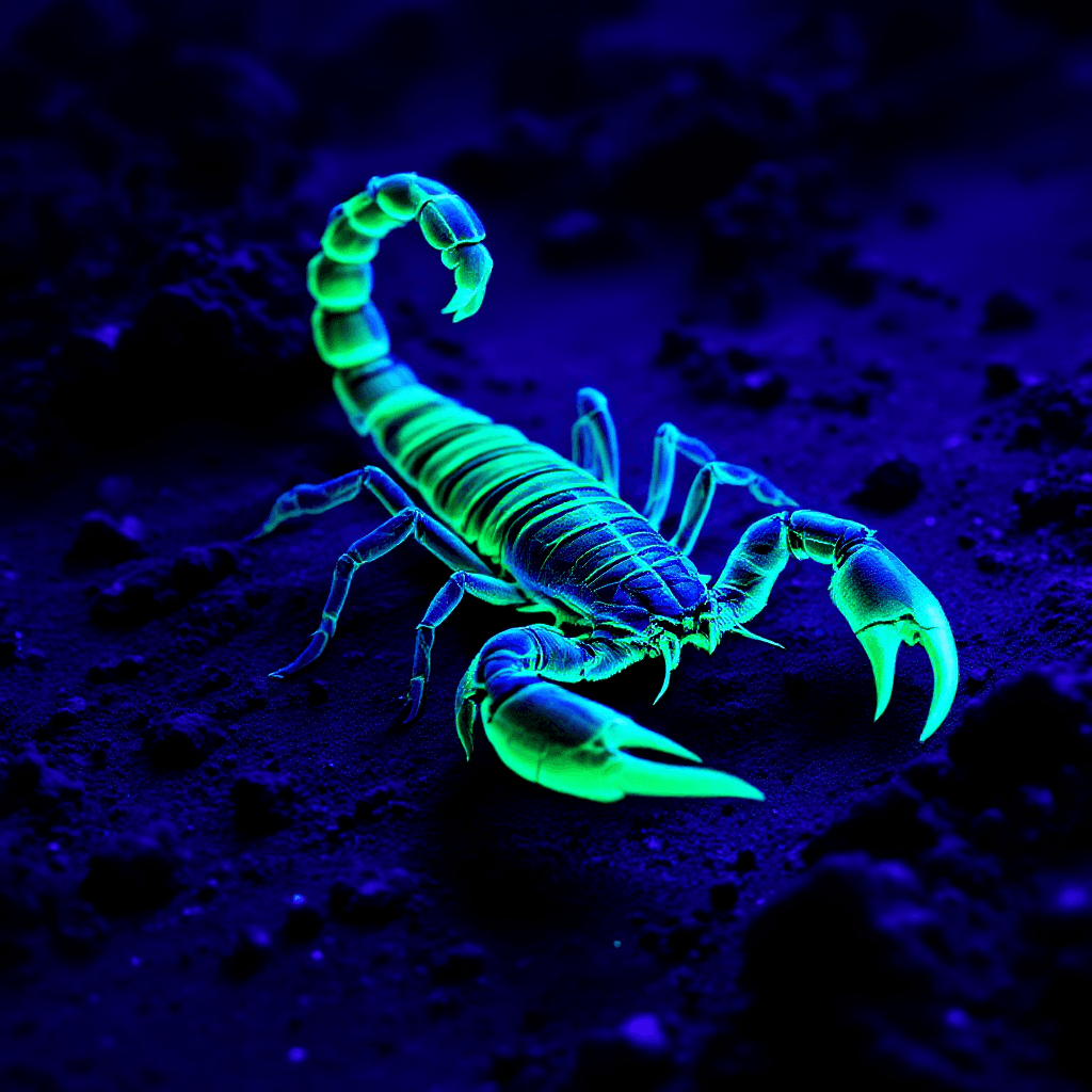 AI generated: A highly detailed, photorealistic image of a scorpion illuminated under ultraviolet (black light) in...