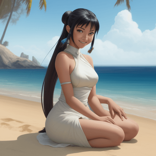 AI generated: Mai from Avatar the last airbender art, at the beach, smiling, uhd image, sitting on sand, white dre...