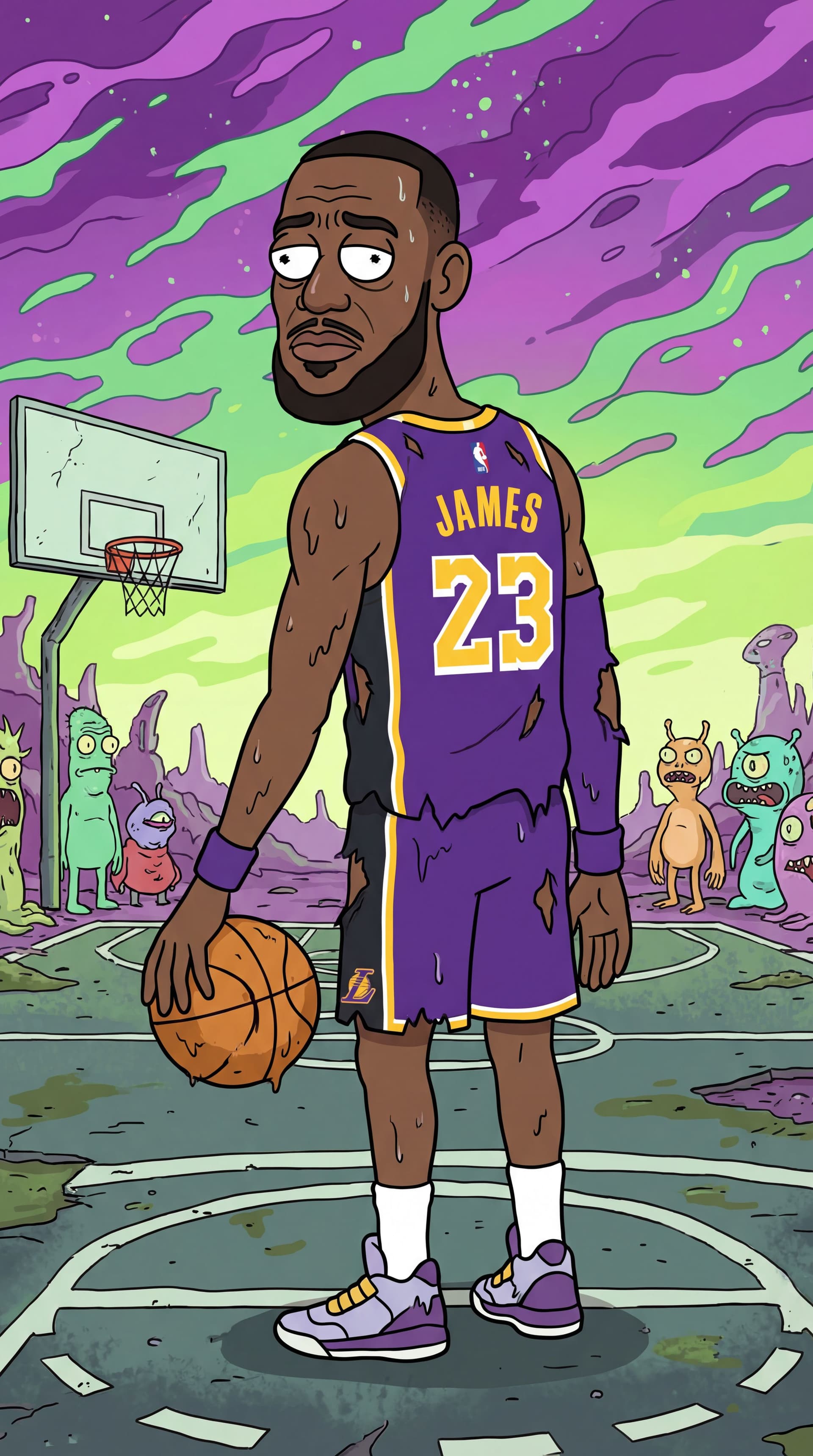 AI generated: https://promptbase.com/prompt/rick-and-morty-style-cartoon-characters-2 make a character Lebron Jame...