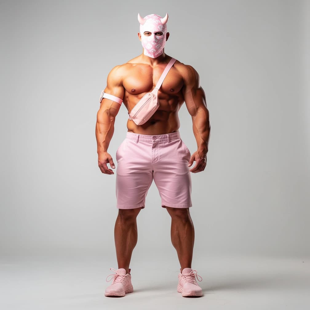 AI generated: A big muscular man wearing light pink short shorts and with a light pink arm band and small light pi...