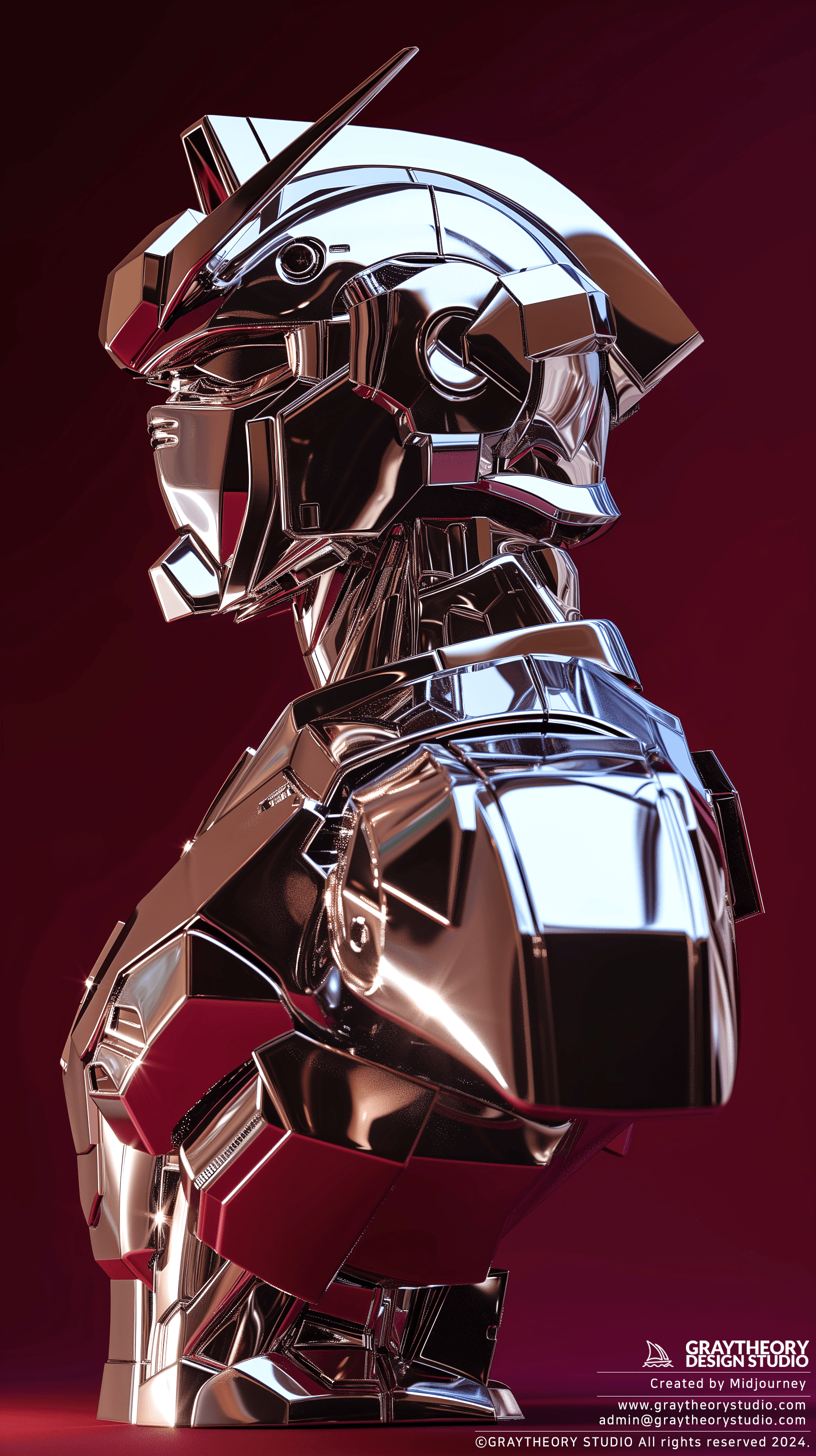 AI generated: 3d rendering, Gundam bust, side view, chrome texture sleek, solid deep burgundy color backdrop, stud...