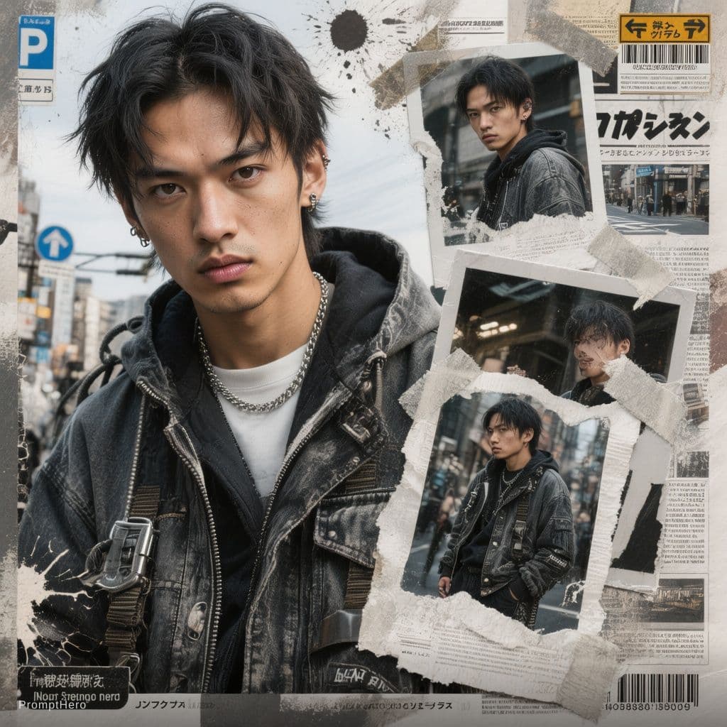 AI generated: Buat poster kolase editorial streetwear Jepang bergaya Y2K yang bold dengan estetika majalah fashion...