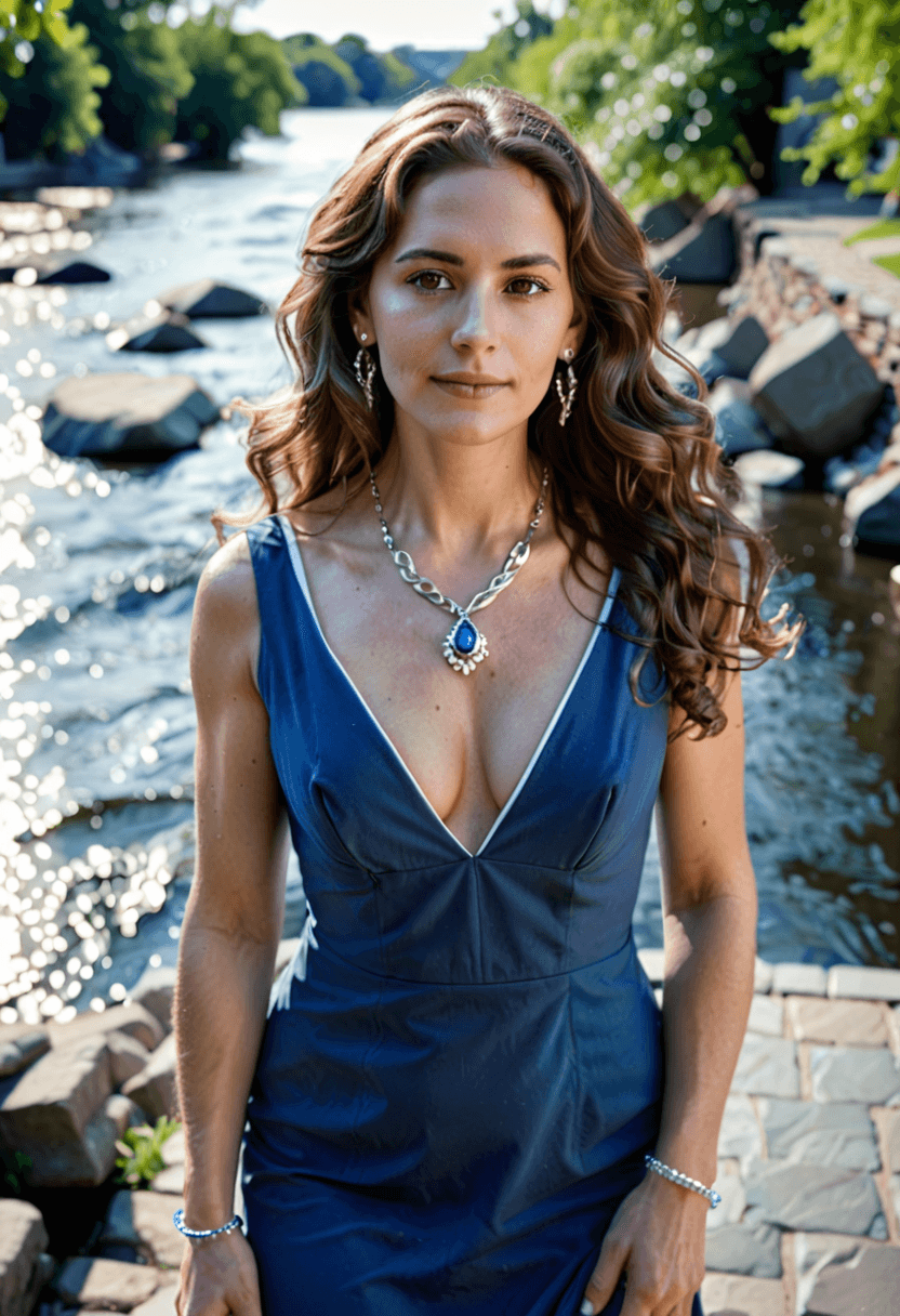 AI generated: photograph of a woman with long wavy brunette hair, wearing a blue dress with white trim, very low v...