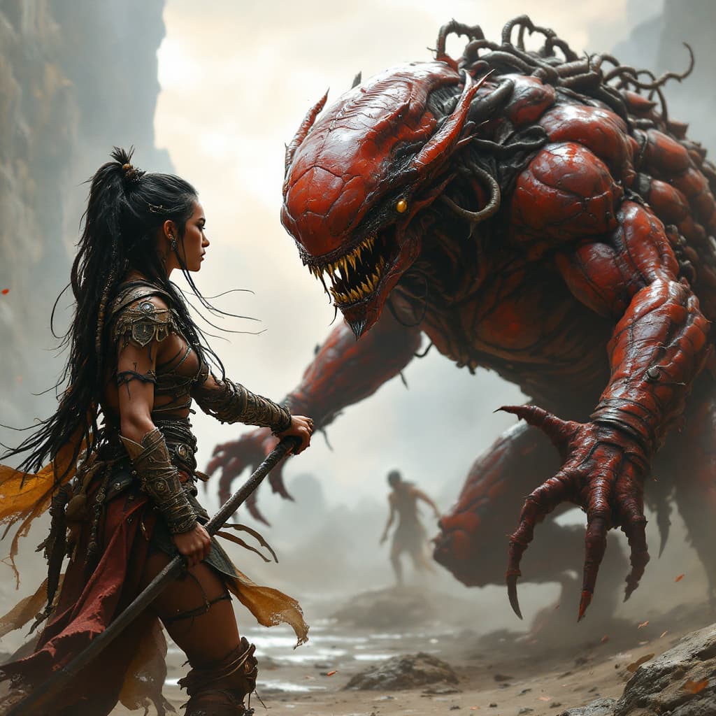 AI generated:  You are an artist please create A hyper realistic image of skilled warrior protects her tribe from ...
