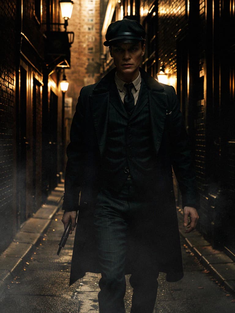 AI generated: (8k, RAW photo, highest quality), hyperrealistic, Photo of a gang member from Peaky Blinders on a ha...