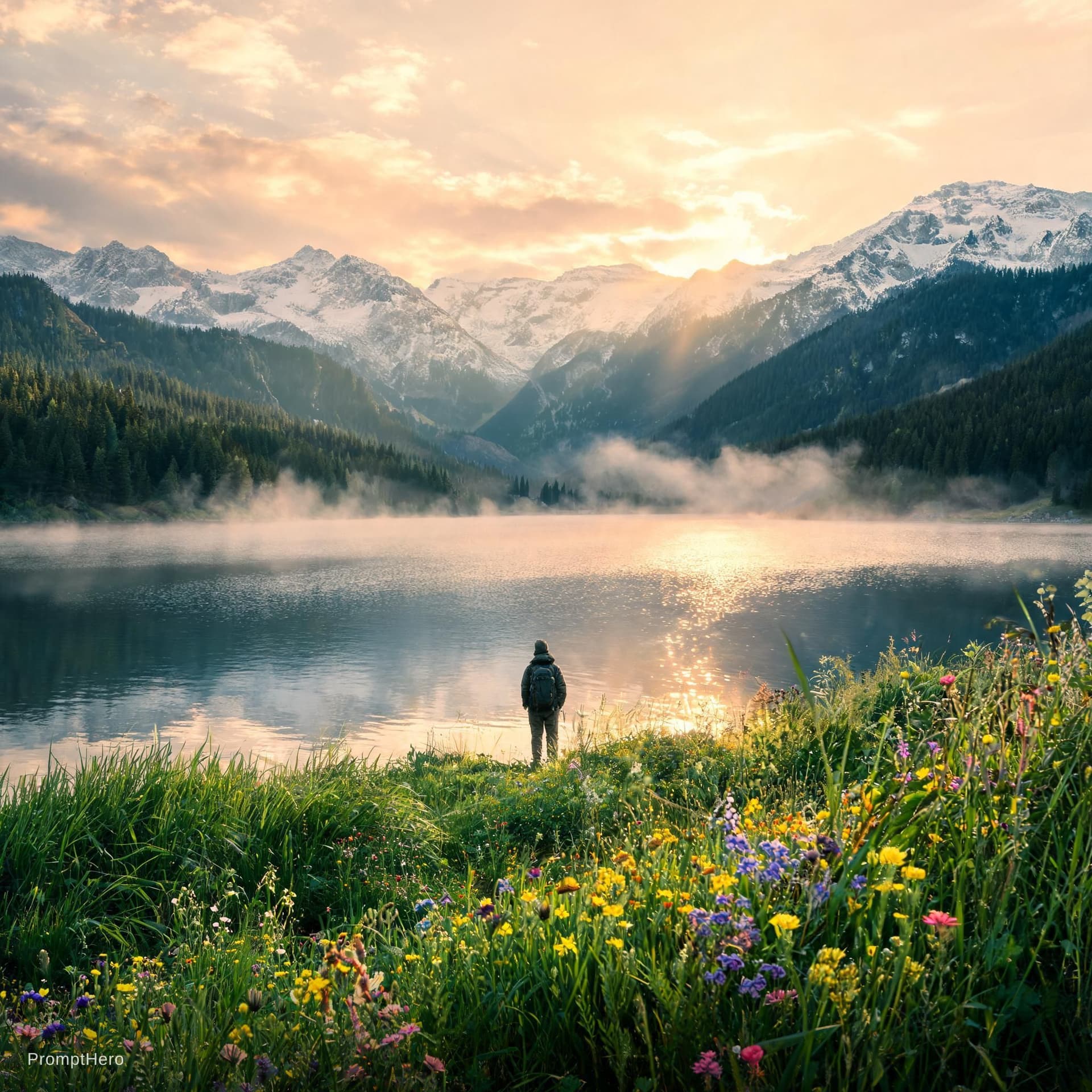 AI generated: “Cinematic wide-angle photograph of a lone traveler standing at the edge of a crystal-clear alpine l...